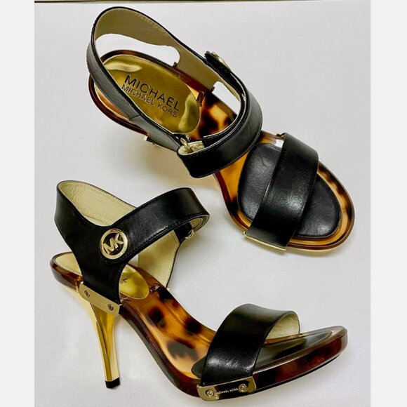 NEW MICHAEL KORS LANI SANDALS BLACK LEATHER 4" HEELS GOLD TORTOISE SHELL PUMPS 7 - Picture 2 of 13